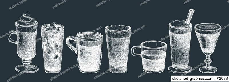 Morning coffee cups collection. Hand-sketched illustrations. Vector sketches of  mugs with aromatic caffeine drinks. Popular coffee hand-drawings in vintage style. Vector beverages on chalkboard