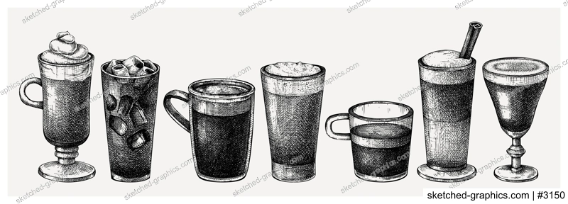 Morning coffee cups collection. Hand-sketched illustrations. Vector sketches of glasses and mugs with aromatic caffeine drinks. Popular coffee hand-drawings vintage style. Vector beverages set.