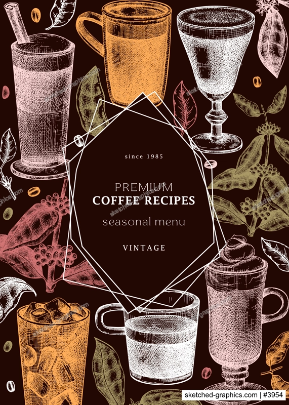 Hand-sketched coffee frame template in colors. Vector sketches of mugs with aromatic hot drinks. With botanical coffee plants, leaves and beans in vintage style. Vector beverages collage design 