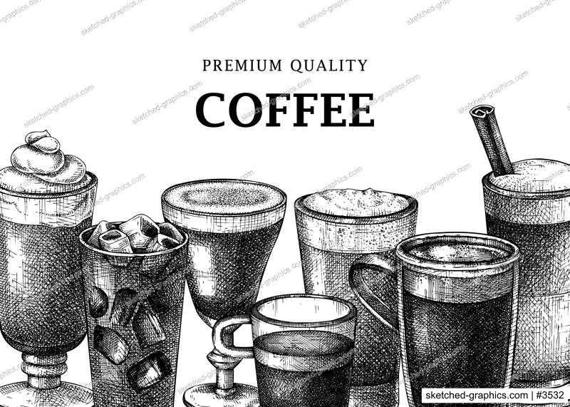Hand-sketched coffee background. Vector sketches of mugs with aromatic caffeine drinks. Vector beverages banners for café, cafeteria, restaurant menu