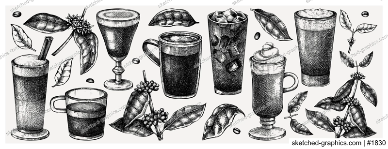 Hand-sketched coffee illustrations collection. Vector sketches of glasses and mugs with aromatic caffeine drinks. Botanical coffee plants, leaves and beans in vintage style. Vector beverages set.