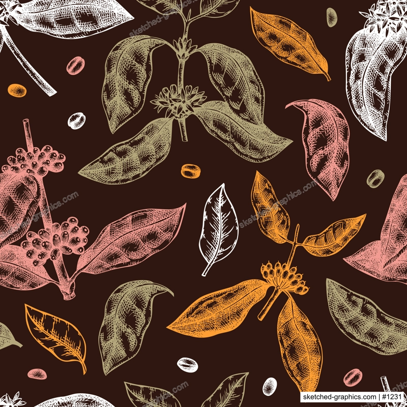 Hand sketched coffee plant seamless pattern. Vector background with hand drawn leaves, flowers, beans and fruits illustrations. For packaging, wrapping paper, brands, fabrics.