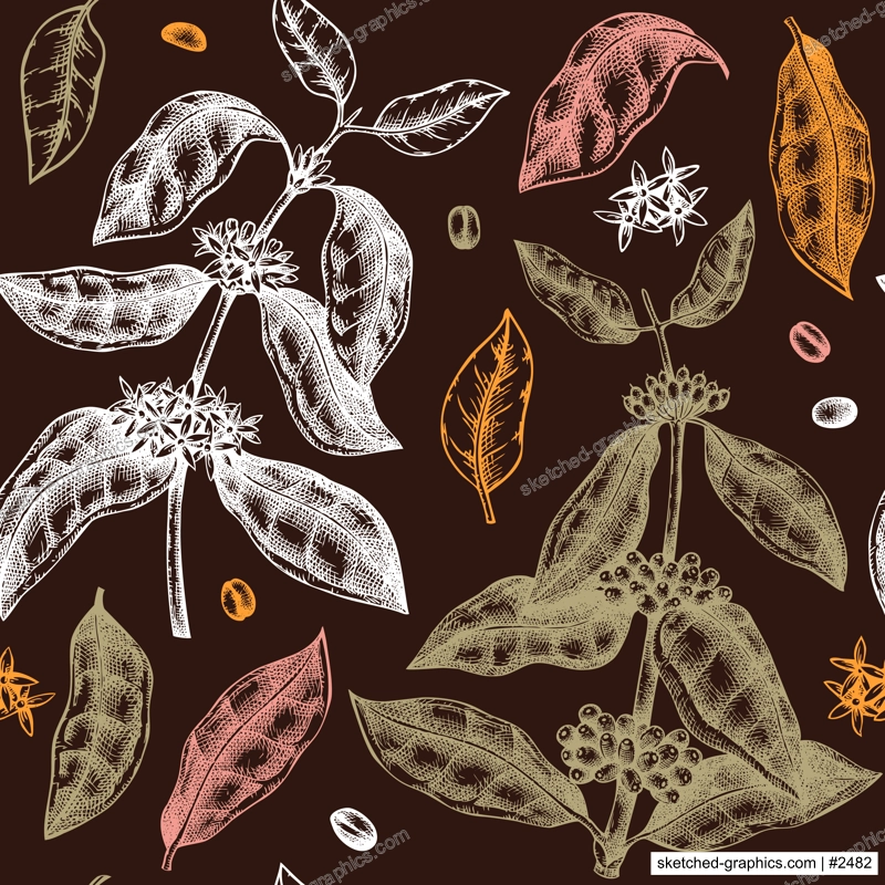 Hand sketched coffee plant seamless pattern. Vector background with hand drawn leaves, flowers, beans and fruits illustrations. For packaging, wrapping paper, brands, fabrics.