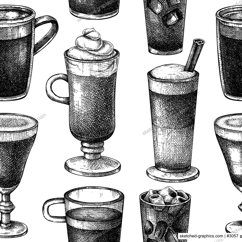Hand-sketched coffee seamless pattern. Vector sketches of mugs with aromatic caffeine drinks background. Cappuccino, latte, americano, espresso in vintage style. Vector beverages backdrop