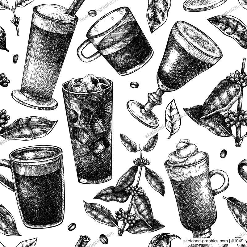 Hand-sketched coffee seamless pattern. Vector sketches of mugs with aromatic caffeine drinks background. With botanical coffee plants, leaves, and beans in vintage style. Vector beverages backdrop