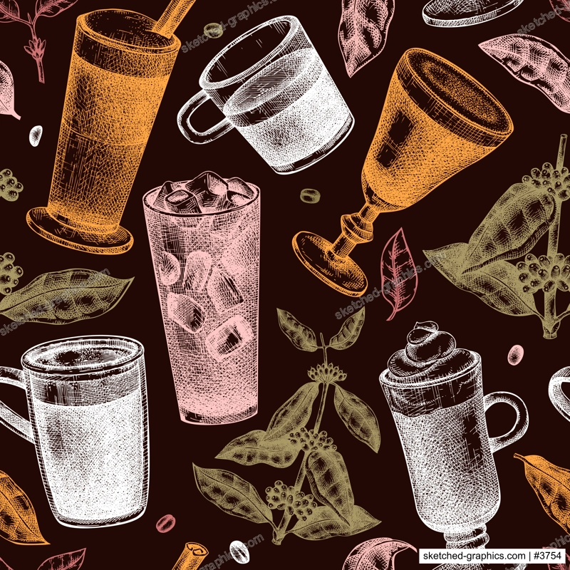 Hand-sketched coffee seamless pattern. Vector sketches of mugs with aromatic caffeine drinks background. With botanical coffee plants, leaves, and beans in vintage style. Vector beverages backdrop