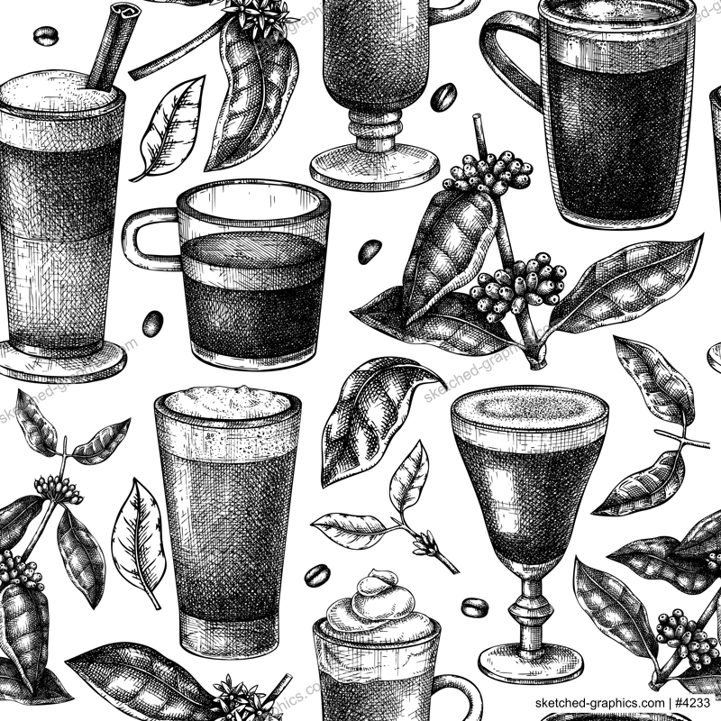 Hand-sketched coffee seamless pattern. Vector sketches of mugs with aromatic caffeine drinks background. With botanical coffee plants, leaves, and beans in vintage style. Vector beverages backdrop