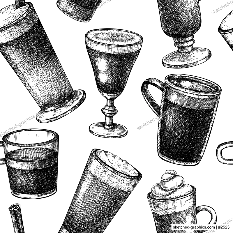 Hand-sketched coffee seamless pattern. Vector sketches of mugs with aromatic caffeine drinks background. Cappuccino, latte, americano, espresso in vintage style. Vector beverages backdrop