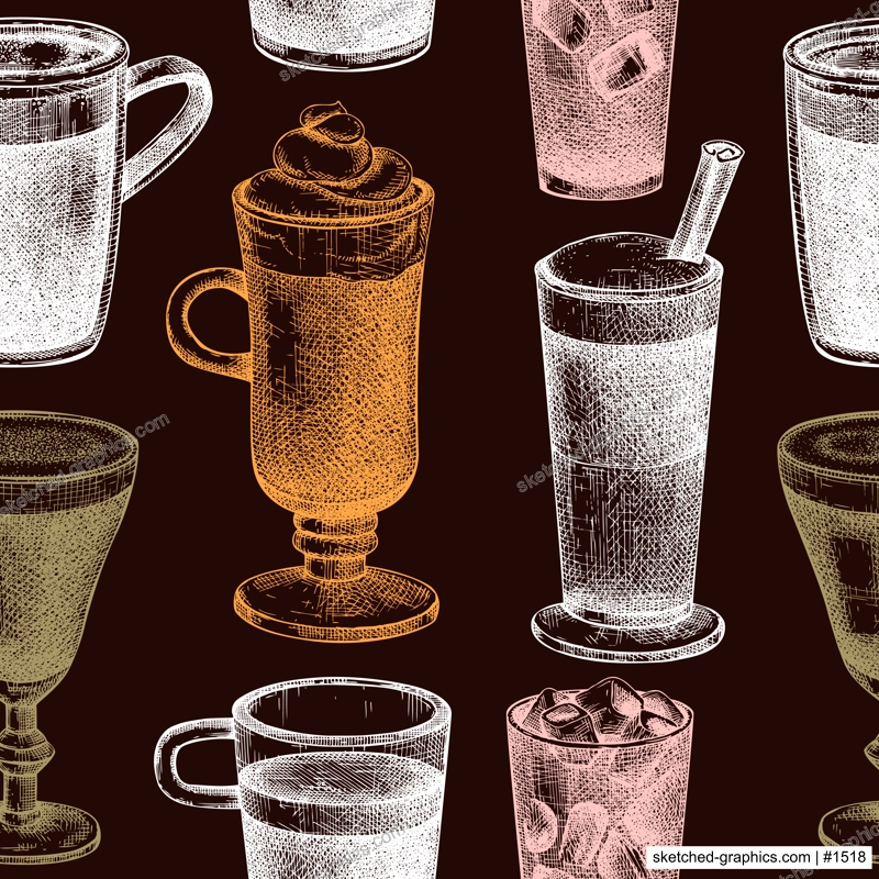 Hand-sketched coffee seamless pattern. Vector sketches of mugs with aromatic caffeine drinks background. Cappuccino, latte, americano, espresso in vintage style. Vector beverages backdrop