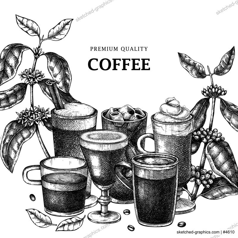 Hand-sketched coffee square card design. With vector sketches of aromatic drinks in mugs and glasses. With botanical coffee plants, leaves and beans in vintage style. Vector beverages frame design