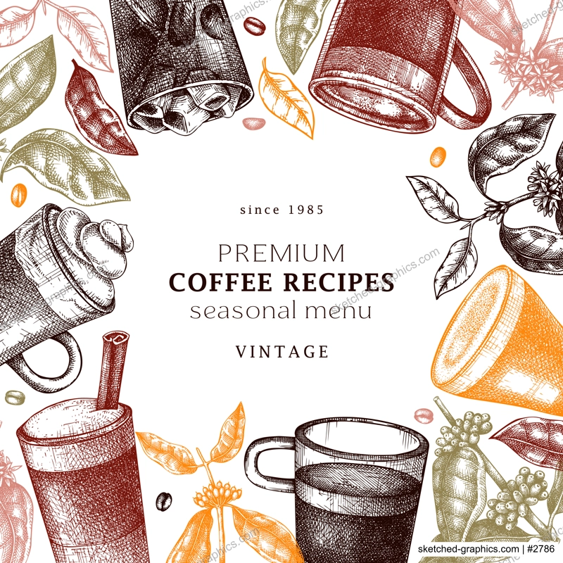 Hand-sketched coffee square card design. With vector sketches of aromatic drinks in mugs and glasses. With botanical coffee plants, leaves and beans in vintage style. Vector beverages frame design