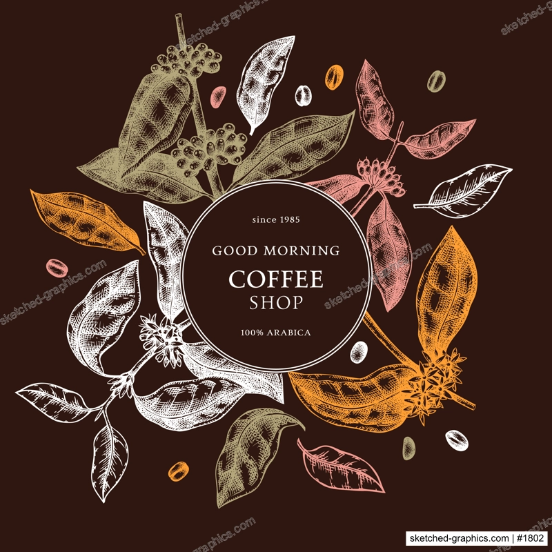 Hand sketched coffee wreath design. Perfect for recipe, menu, label, icon, packaging. Vintage coffee plant template with leaves, beans and flowers. Bar menu elements. Botanical illustration