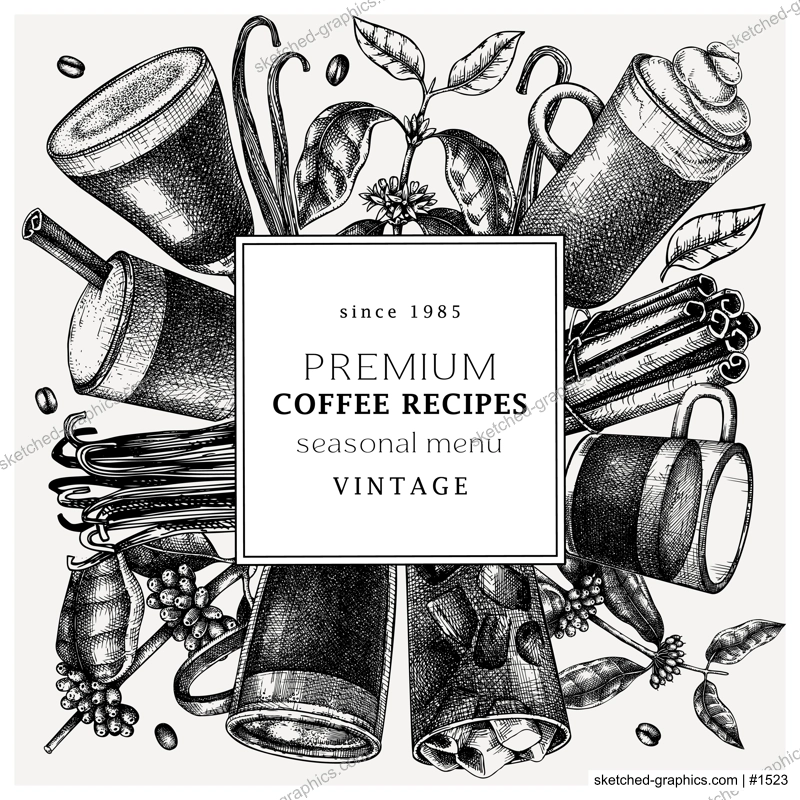 Hand-sketched coffee wreath design on chalkboard. Vector sketches of mugs with aromatic caffeine drinks. With coffee plants, leaves and beans in vintage style. Vector beverages template