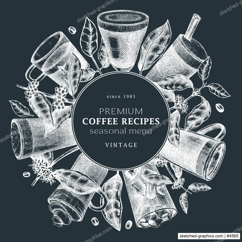 Hand-sketched coffee wreath design on chalkboard. Vector sketches of mugs with aromatic caffeine drinks. With coffee plants, leaves and beans in vintage style. Vector beverages template