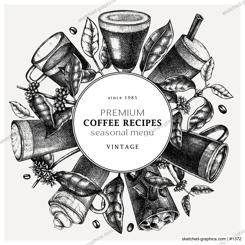 Hand-sketched coffee wreath design. Vector sketches of mugs with aromatic caffeine drinks. With coffee plants, leaves and beans in vintage style. Vector beverages template