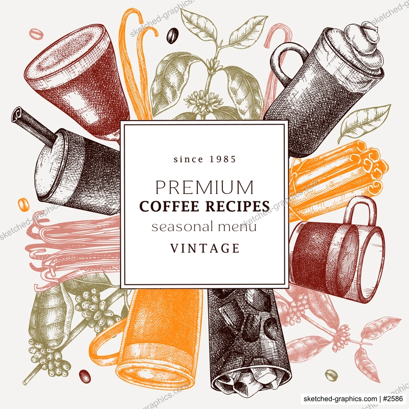 Hand-sketched coffee wreath template in color. Vector sketches of mugs with aromatic drinks. With botanical coffee plants, leaves and beans in vintage style. Vector beverages square frame design