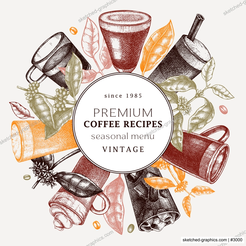 Hand-sketched coffee wreath template in colors. Vector sketches of mugs with aromatic morning beverages. With botanical coffee plants, leaves and beans in vintage style. Vector drinks menu design