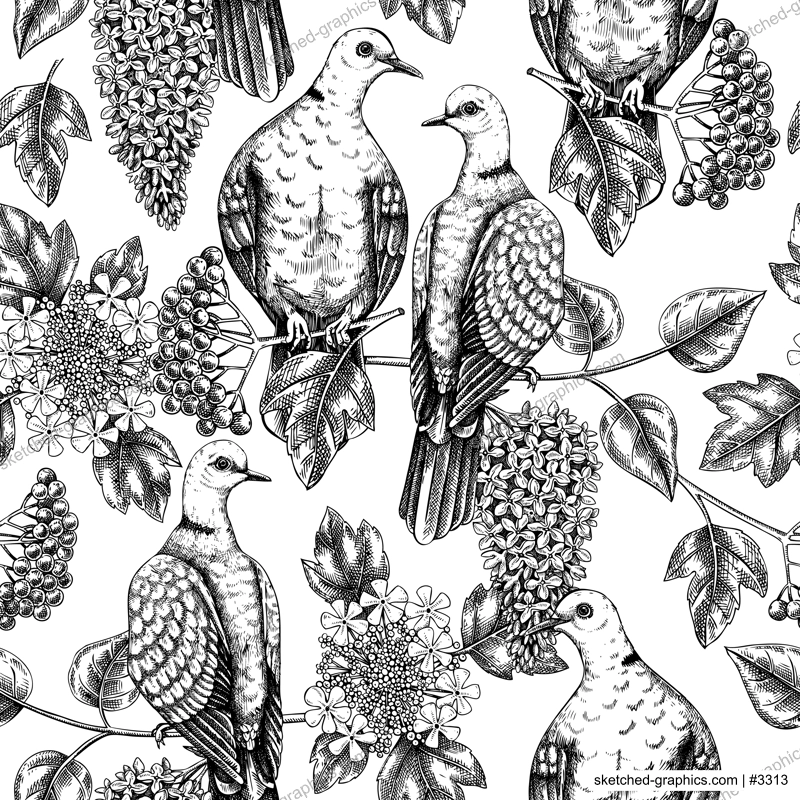 Collared dove sitting on flowering lilac branch sketch. Vector spring seamless pattern isolated on white background. Hand drawn bird on blooming lilac with leaves and flowers background for print