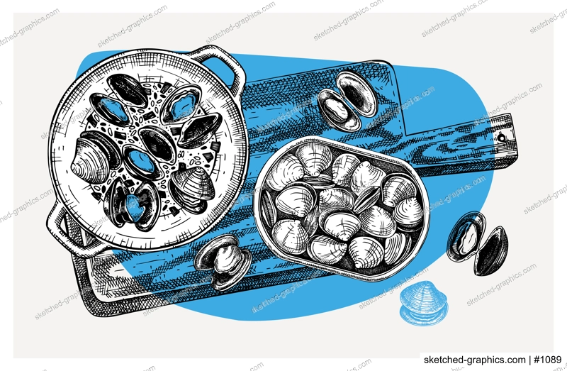 Cooked clams with herbs on wooden border illustration. Shellfish and seafood restaurant design element. Hand drawn clams sketch isolated on vintage background. For menu, recipes, logos, flyer
