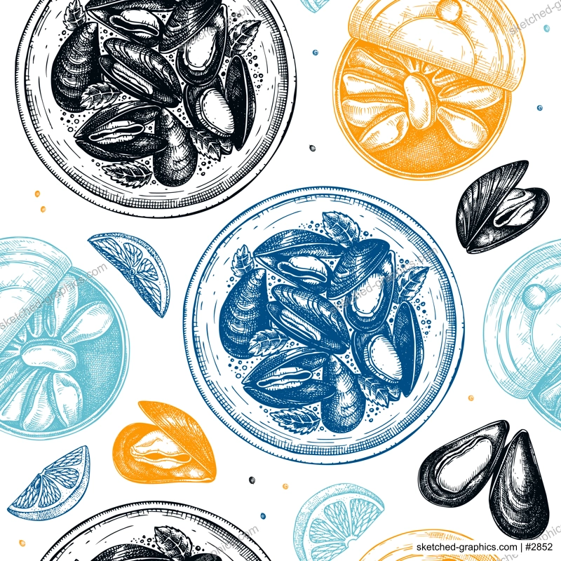 Hand drawn cooked mussels on platter with herbs seamless pattern. Vector package, banner, wrapping paper template with colorful seafood elements. Realistic shellfish background with tinned mussels..