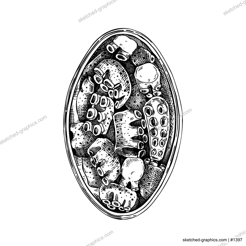 Cooked octopus in opened tin can illustration. Tinned seafood vector drawing. Hand drawn canned squid sketch isolated on vintage background. Shellfish or menu, recipes, logos, flyer, invitation.