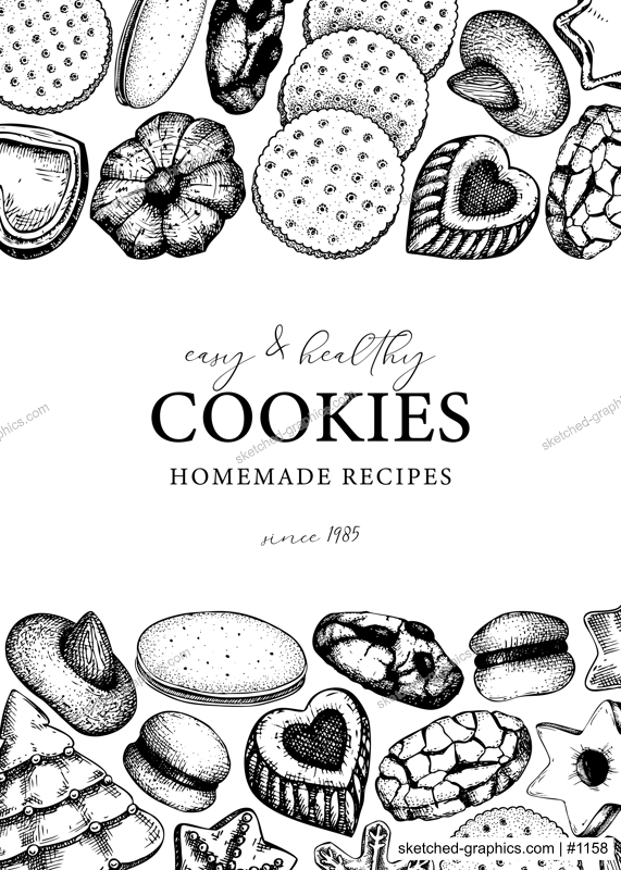Vector background with cookies isolated on white. Bakery shop brochure or card vintage design  in sketch style. . Cookies with almond, chocolate, icing, jam, crackers, chips hand drawn illustrations. 