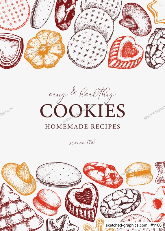 Vector cookies background in sketch style. Bakery shop brochure or card vintage design. Cookies with almond, chocolate, icing, jam, crackers, chips hand drawn illustrations. Pastries banner template