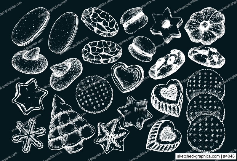 Vector collection of popular cookies in hand drawn sketch style. Cookies with almond, chocolate, icing, jam Isolated on chalkboard. Italian cookies, crackers, chips illustrations 