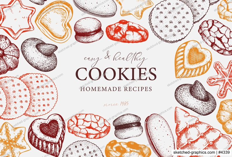 Bakery shop background. Popular cookies vector frame design. Italian pastry sketches. Cookies with almond, chocolate, jam, crackers, chips hand drawn illustrations for logo, print, banner design