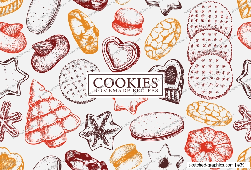 Bakery shop background in color. Popular cookies seamless pattern. Italian pastry sketches. Cookies with almond, chocolate, jam, crackers, chips hand drawn illustrations for logo, print, banner design