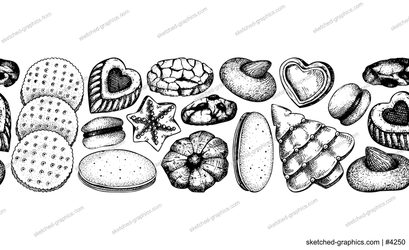 Bakery shop seamless pattern. Cookies background. Black cookies with almond, chocolate, jam, crackers, chips hand drawn illustrations. Popular pastry ribbon for print, banner, packaging design