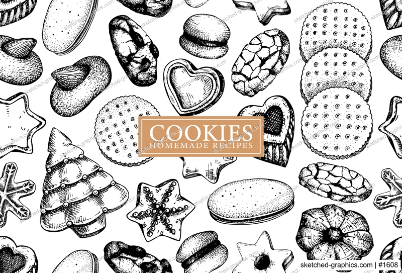 Bakery shop background design. Vector cookies seamless pattern. Italian pastry sketches. Cookies with almond, chocolate, jam, crackers, chips hand drawn illustrations for logo, print, banner, packages