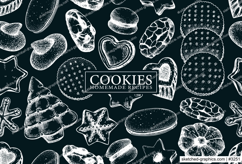 Bakery shop background on chalkboard. Popular cookies seamless pattern. Italian pastry sketches. Cookies with almond, chocolate, jam, crackers, chips hand drawn illustrations for logo, banner design