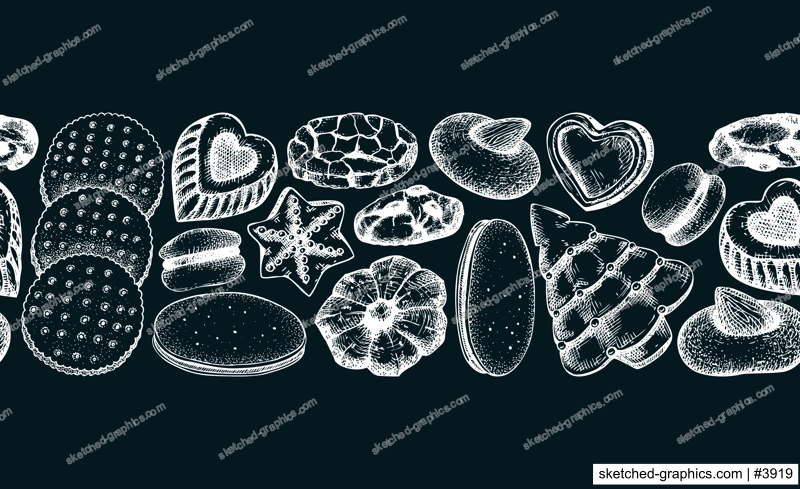 Bakery shop seamless pattern. Cookies background on chalkboard. Cookies with almond, chocolate, jam, crackers, chips hand drawn illustrations Popular pastry ribbon for print, banner, packaging design