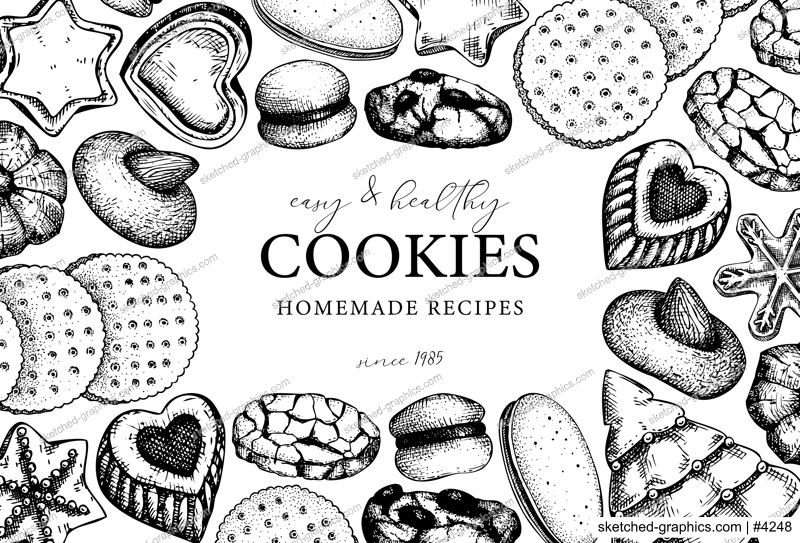 Bakery shop background. Popular cookies vintage frame design. Italian pastry sketches. Cookies with almond, chocolate, jam, crackers, chips hand drawn illustrations for logo, print, banner design