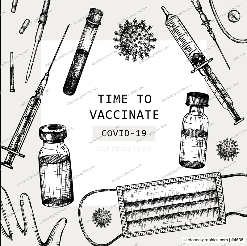 Coronavirus vaccine vector design. Hand-sketched template for Covid-19 vaccination illustrations with vaccine bottle, syringe injection tools, and different viruses. Vintage medical sketches