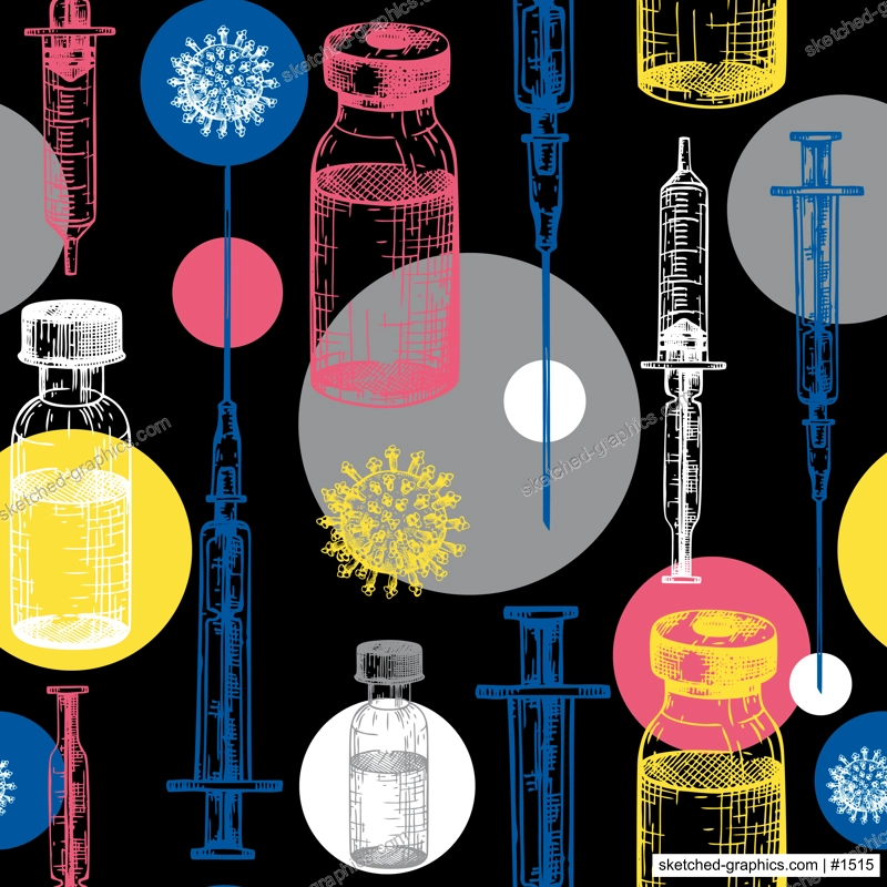 Coronavirus vaccine seamless pattern. Vector backdrop with vaccine bottle and syringe injection tools sketches. Trendy Coronavirus vaccine concept. Vector covid19 immunization backdrop