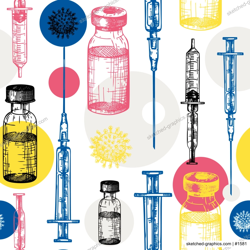 Coronavirus vaccine seamless pattern. Vector backdrop with vaccine bottle and syringe injection tools sketches. Trendy Coronavirus vaccine concept. Vector covid19 immunization backdrop
