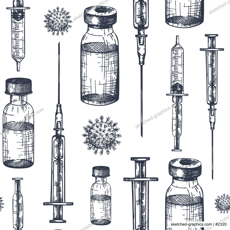 Coronavirus vaccine seamless pattern. Vector backdrop with vaccine bottle and syringe injection tools sketches. Vector covid19 immunization backdrop