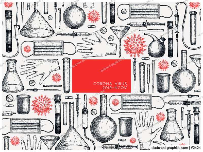 Coronavirus vaccine vector set. Hand-sketched collection of Covid-19 vaccination illustrations with vaccine bottle, syringe injection tools, and different viruses. Vintage medical sketches