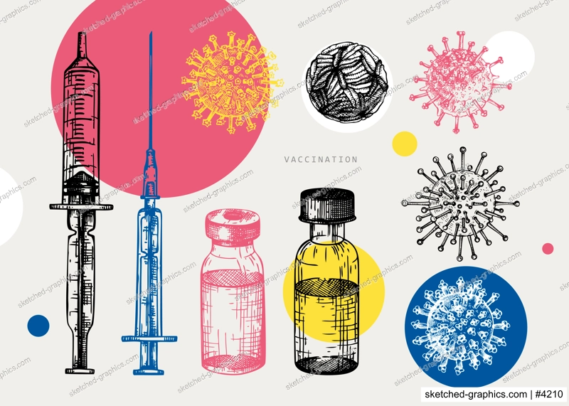Coronavirus vaccine vector set. Hand sketched concept of Covid-19 corona virus vaccination with vaccine bottle, syringe injection tools and geometric elements. 