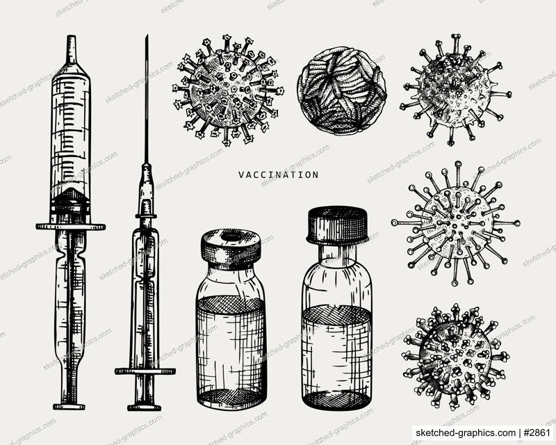 Coronavirus vaccine vector set. Hand sketched concept of Covid-19 corona virus vaccination with vaccine bottle, syringe injection tools and different viruses. Vintage sketch collection