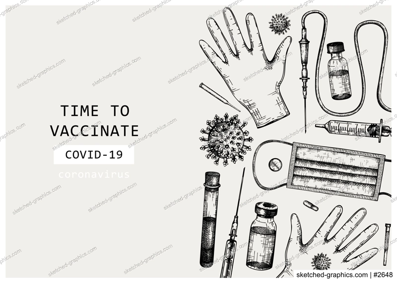 Coronavirus vaccine vector design. Hand-sketched template for  Covid-19 vaccination illustrations with vaccine bottle, syringe injection tools, and different viruses. Vintage medical sketches