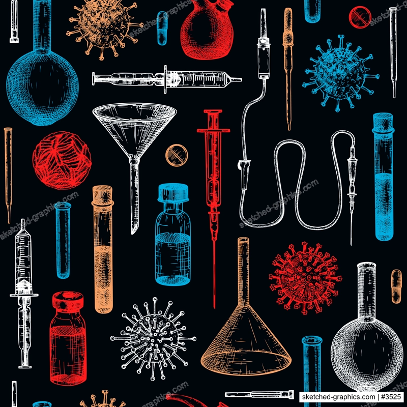 Antiviral therapy and vaccination background. Hand drawn vector illustrations. Vaccine in bottles, laboratory equipment, different virus sketches. Medicine seamless pattern . Covid-19 drawing