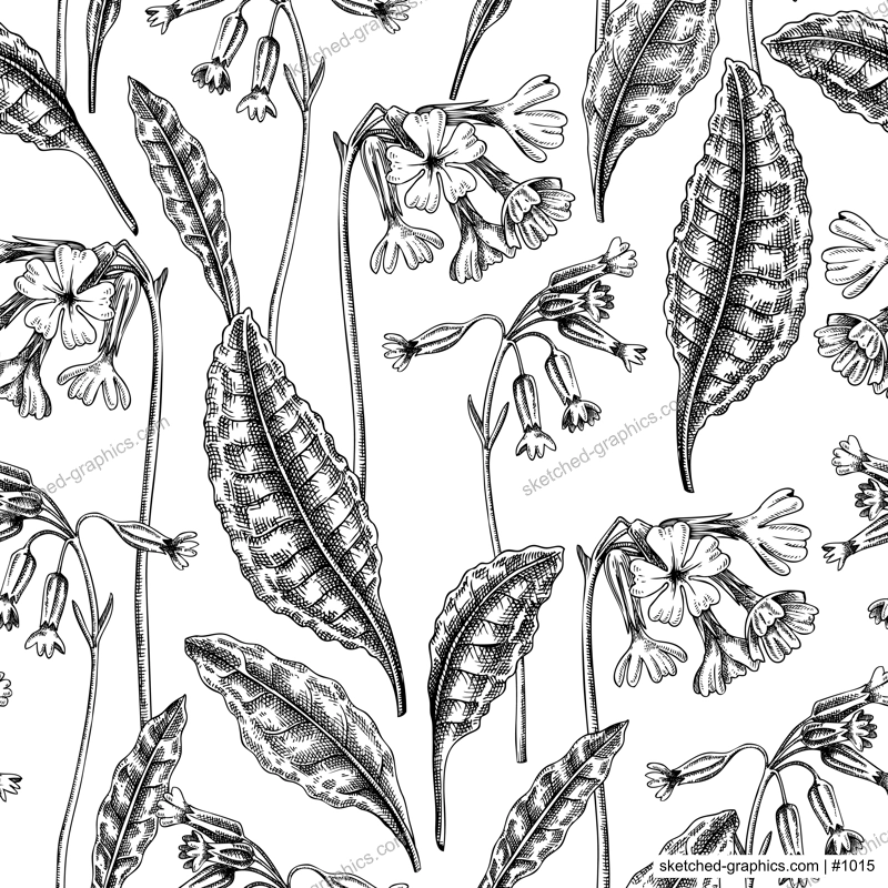 Hand-drawn cowslip and oxlip background design. Vintage woodland flowers sketches. Seamless spring pattern. Forest plant and wild flowers illustration for print. Vintage primrose decorative backdrop.