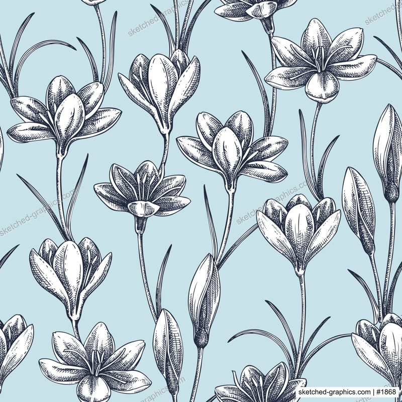 Spring background. Saffron flower sketches. Hand drawn crocus flower vector illustration. Wildflower seamless pattern. NOT AI generated