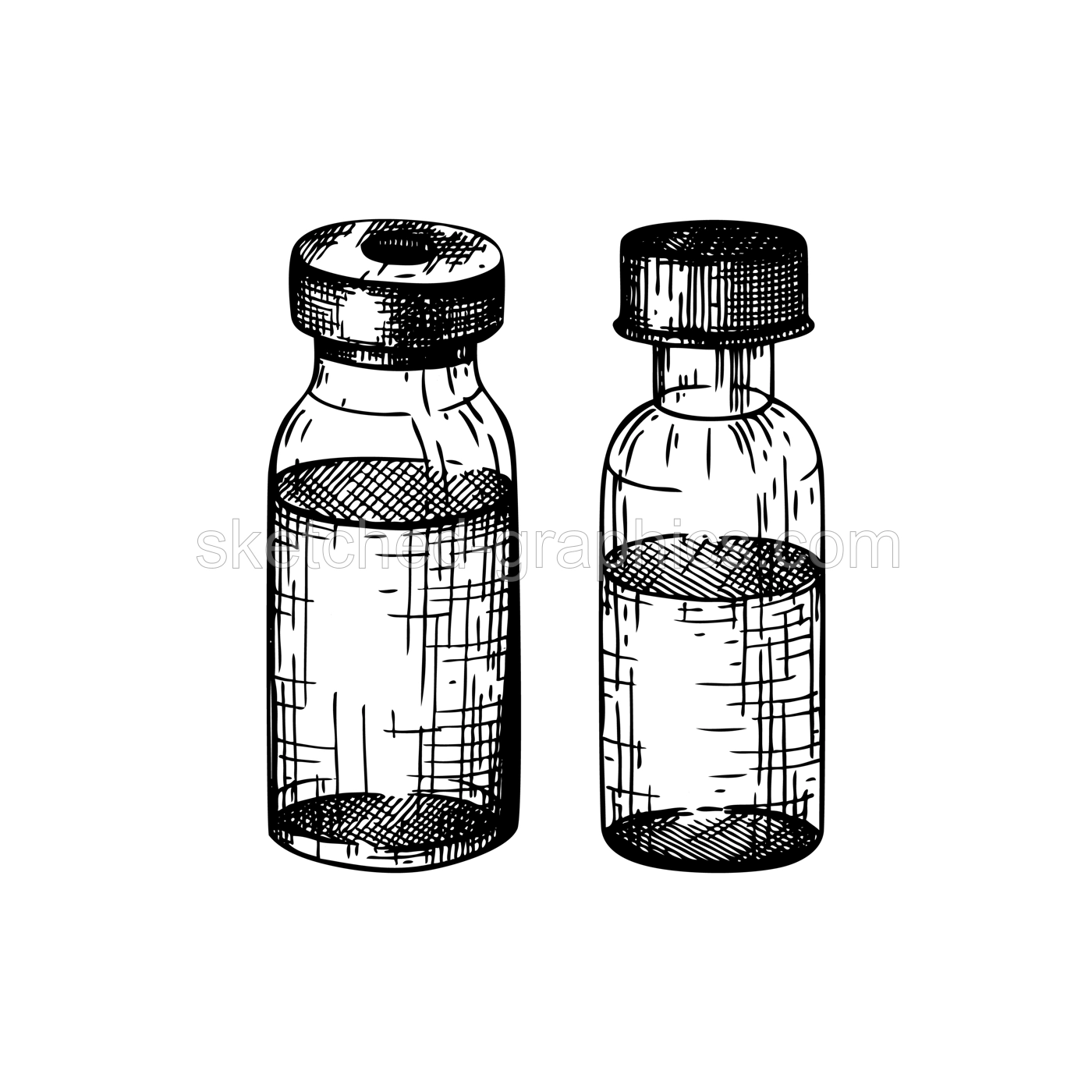 Hand sketched medical bottles with vaccine. Vaccine against different kinds of viruses. Covid-19 corona virus vaccination sketches. Glass bottles isolated on white background Illustration