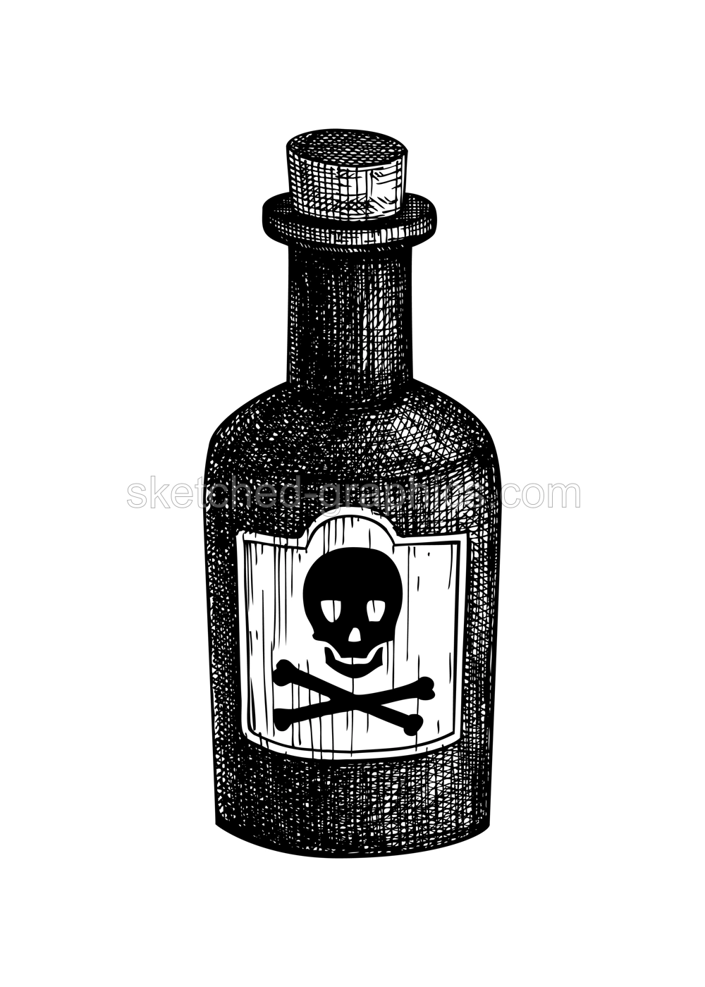 Glass bottle with poison sketch. Hand draw jar with label isolated on white background. Halloween design element, alchemy, home decoration, witchcraft. Scull with bones sticker vector illustration Illustration