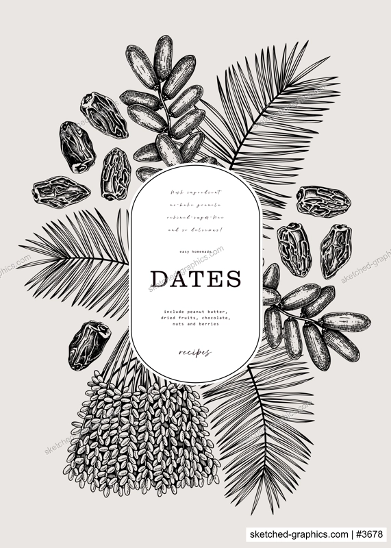 Date fruits frame design. Hand drawn vector illustration. Dates, palm leaves, dried fruits, sketches. Exotic fruit design template. Realistic oriental sweets background