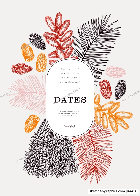 Date fruits frame design. Hand drawn vector illustration. Dates, palm leaves, dried fruits, sketches. Exotic fruit design template. Realistic oriental sweets background